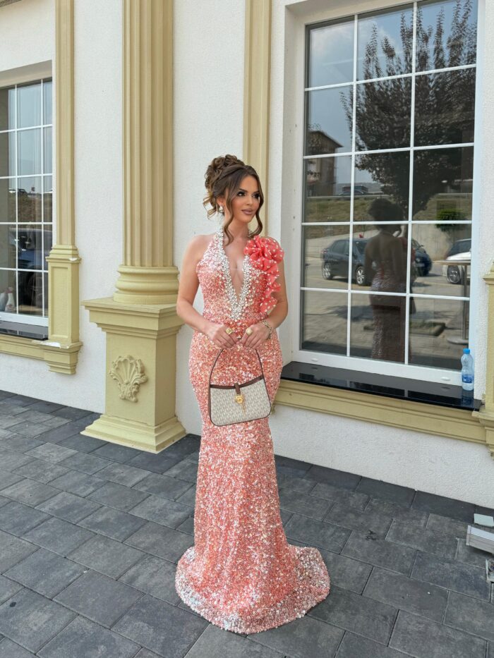 Peach Sequin Floral Embellished